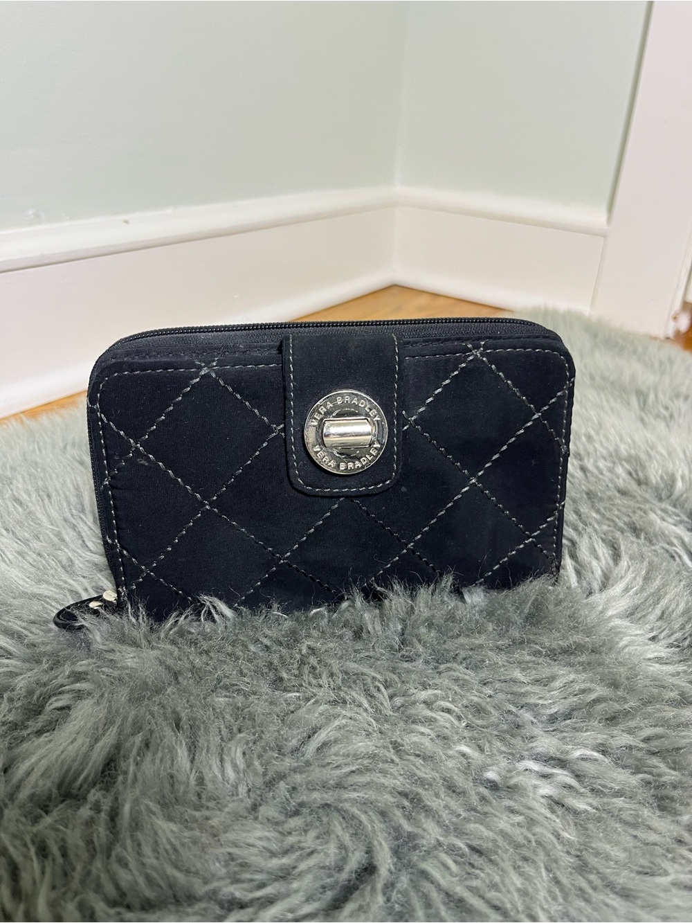 Vera Bradley Black Quilted Zip-Around Wallet with Silver Turn-Lock Accent
